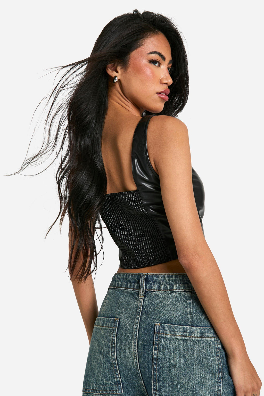 Women's Scoop Seam Detail Corset Leather Top