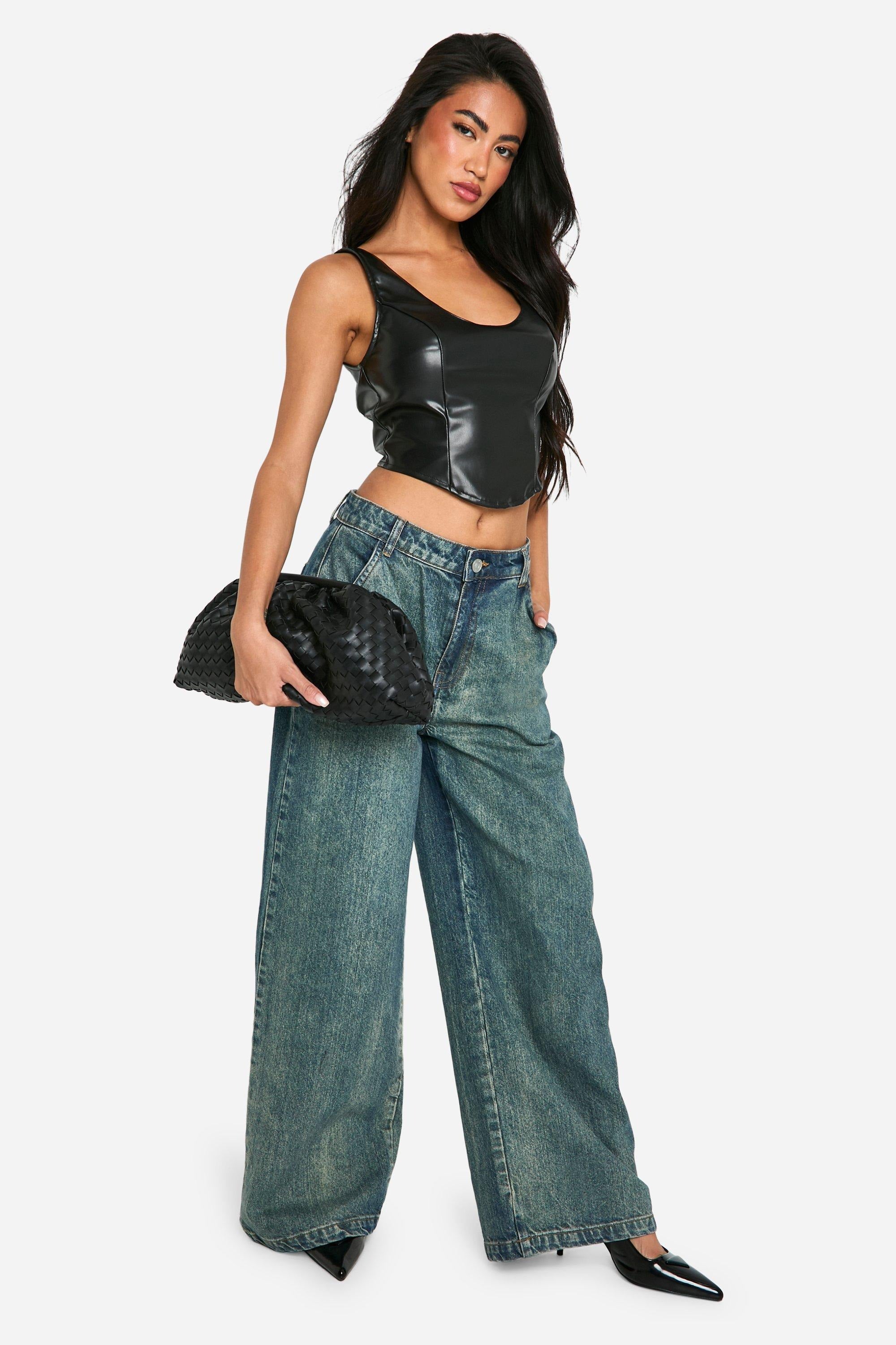 Women's Scoop Seam Detail Corset Leather Top