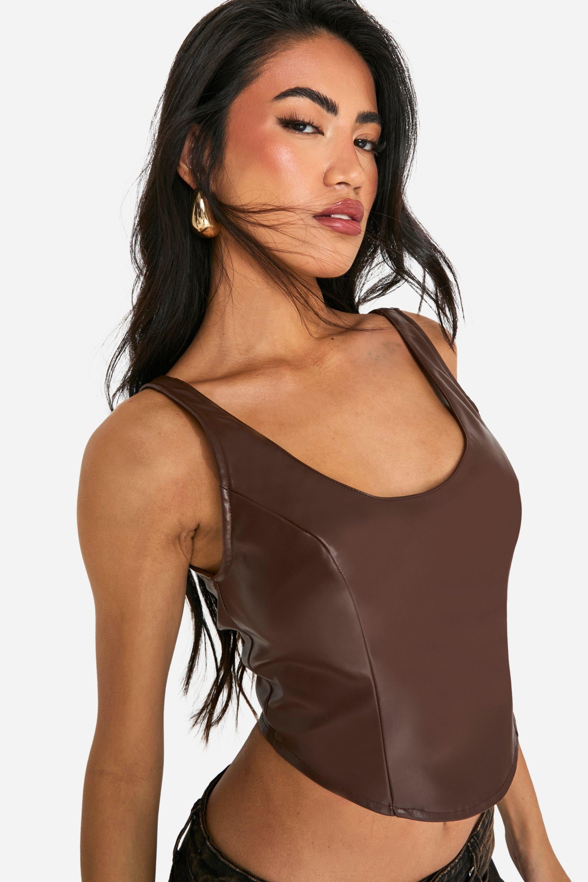 Women's Scoop Seam Detail Corset Leather Top