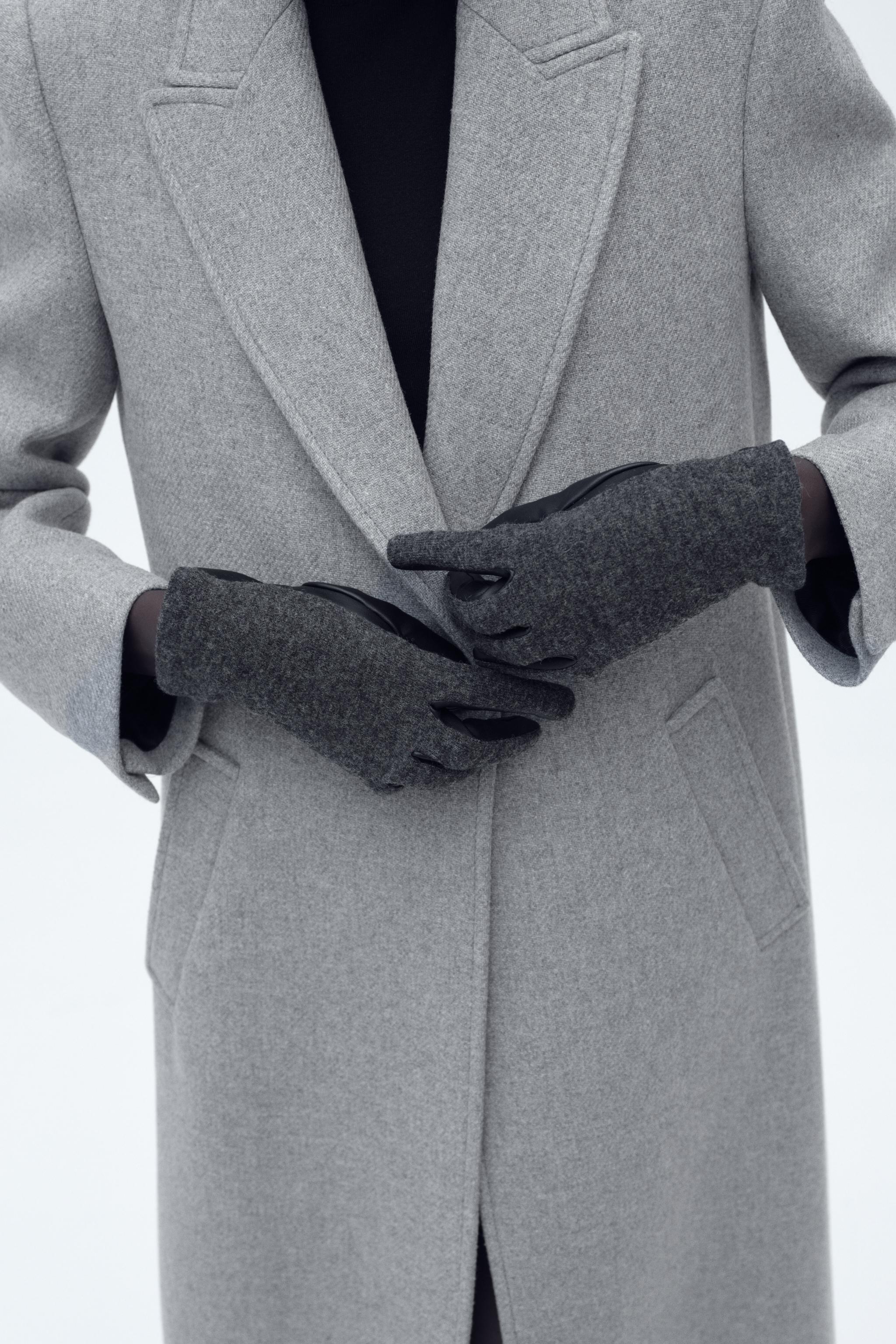 Women's Short Gloves Wool Blend and Leather Effect