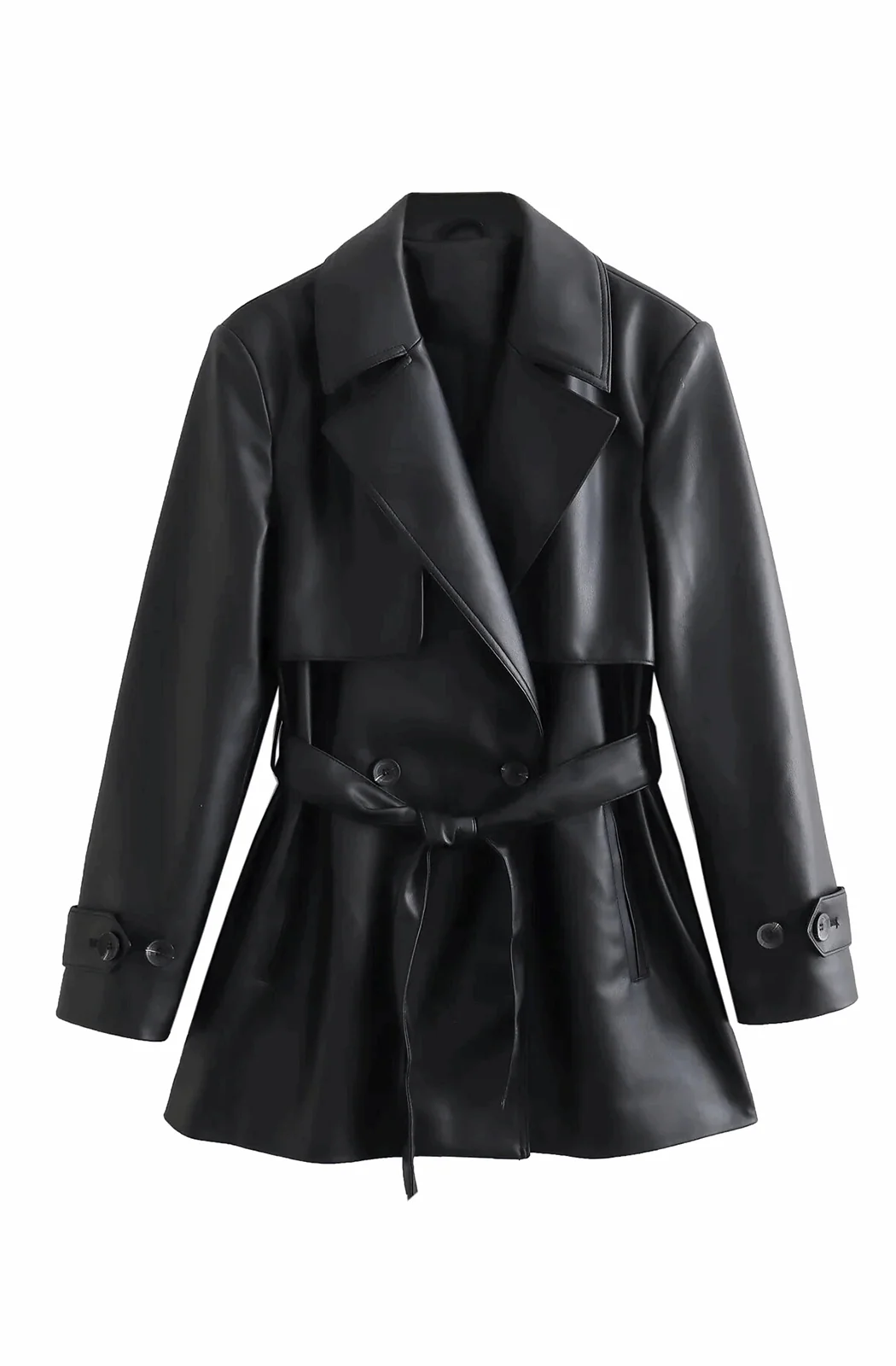 Women's Short black leather trench coat