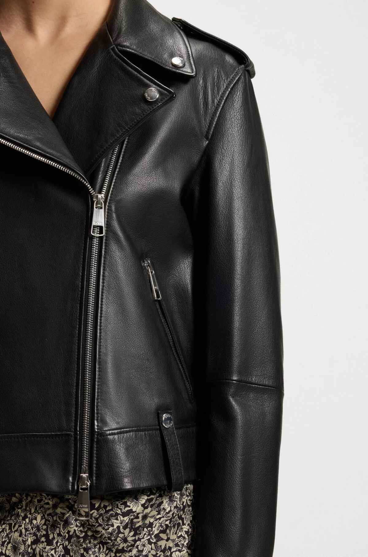 Women's Silver Tone Trims Grained Leather Biker Jacket