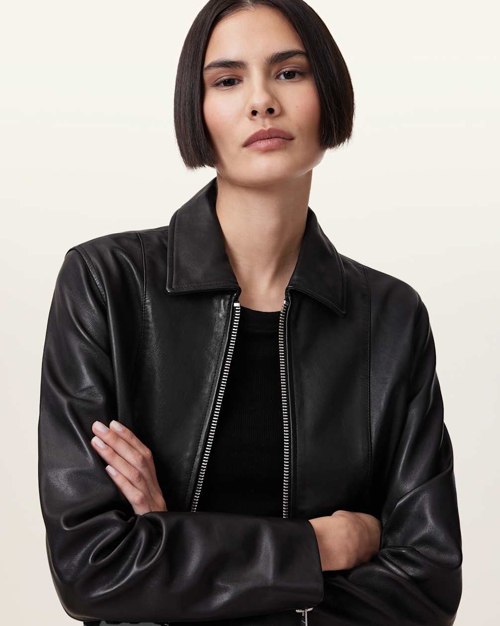 Women's Simple Black Leather Jacket Slim Fit