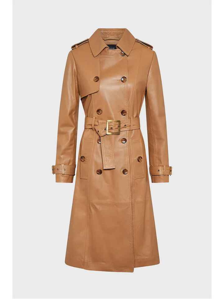 Women’s Tan Beige Belted Button Closure Sheepskin Leather Trench Coat