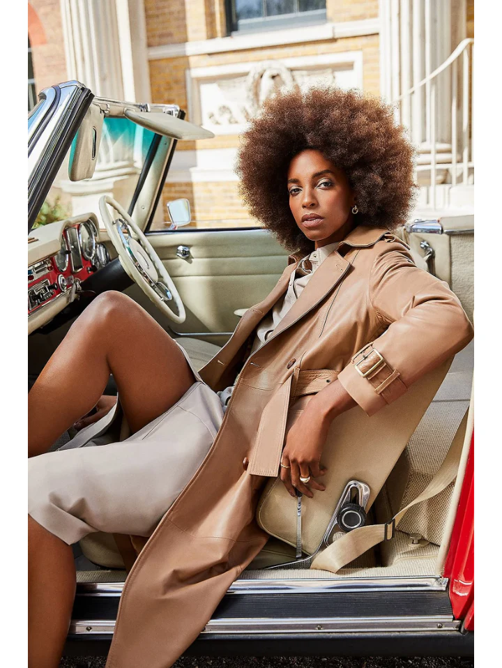 Women’s Tan Beige Belted Button Closure Sheepskin Leather Trench Coat