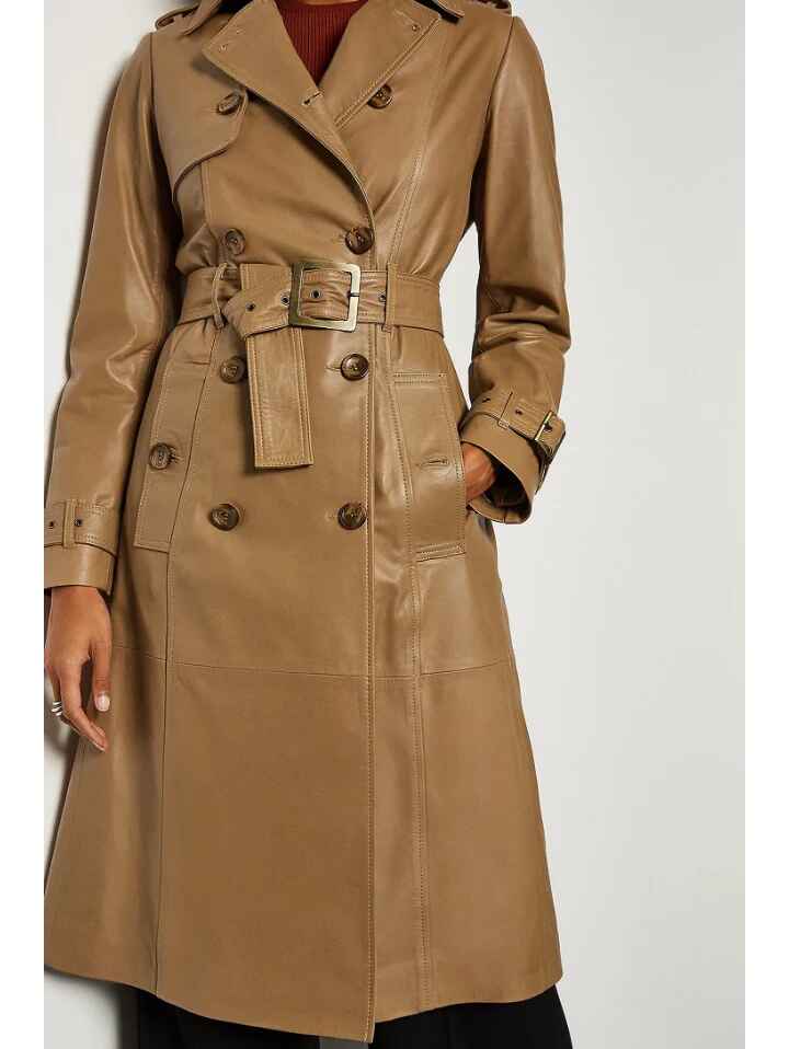 Women’s Tan Beige Belted Button Closure Sheepskin Leather Trench Coat