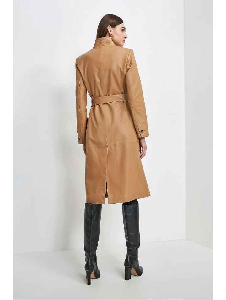 Women’s Tan Beige Belted Two Pocket Sheepskin Leather Trench Coat