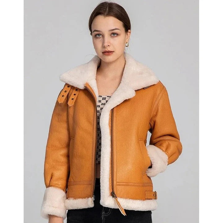 Women's Tan Brown B3 Bomber Leather Shearling Fur Flight Jacket