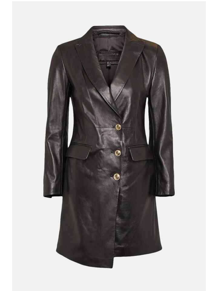 Women’s Trendy Black Golden Buttoned Leather Trench Coat