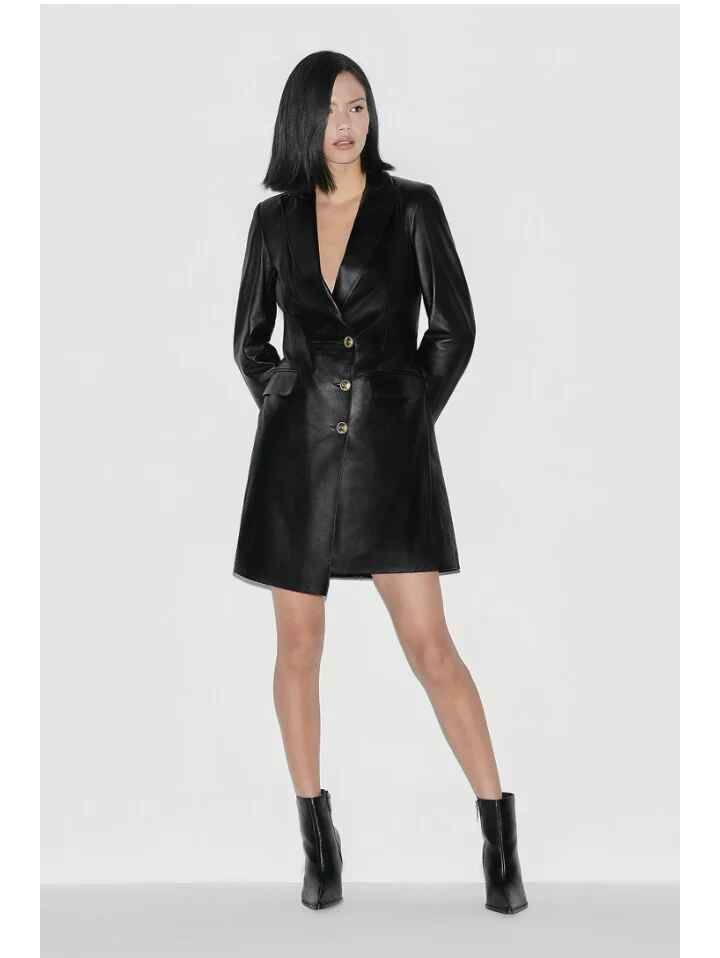 Women’s Trendy Black Golden Buttoned Leather Trench Coat