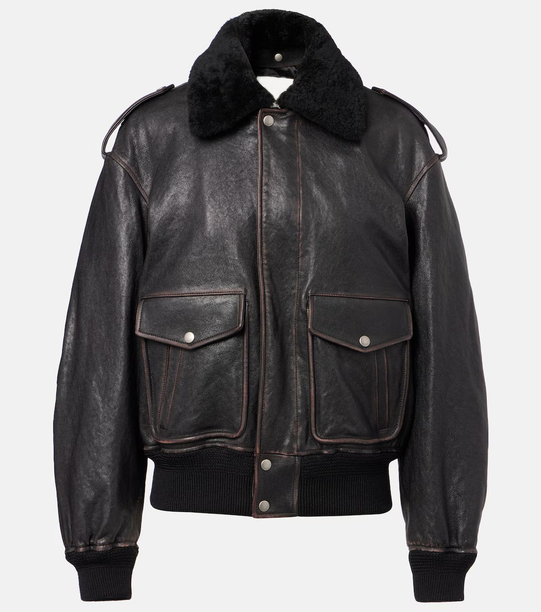 Women's Trimmed Black Aviator Bomber Leather Jacket