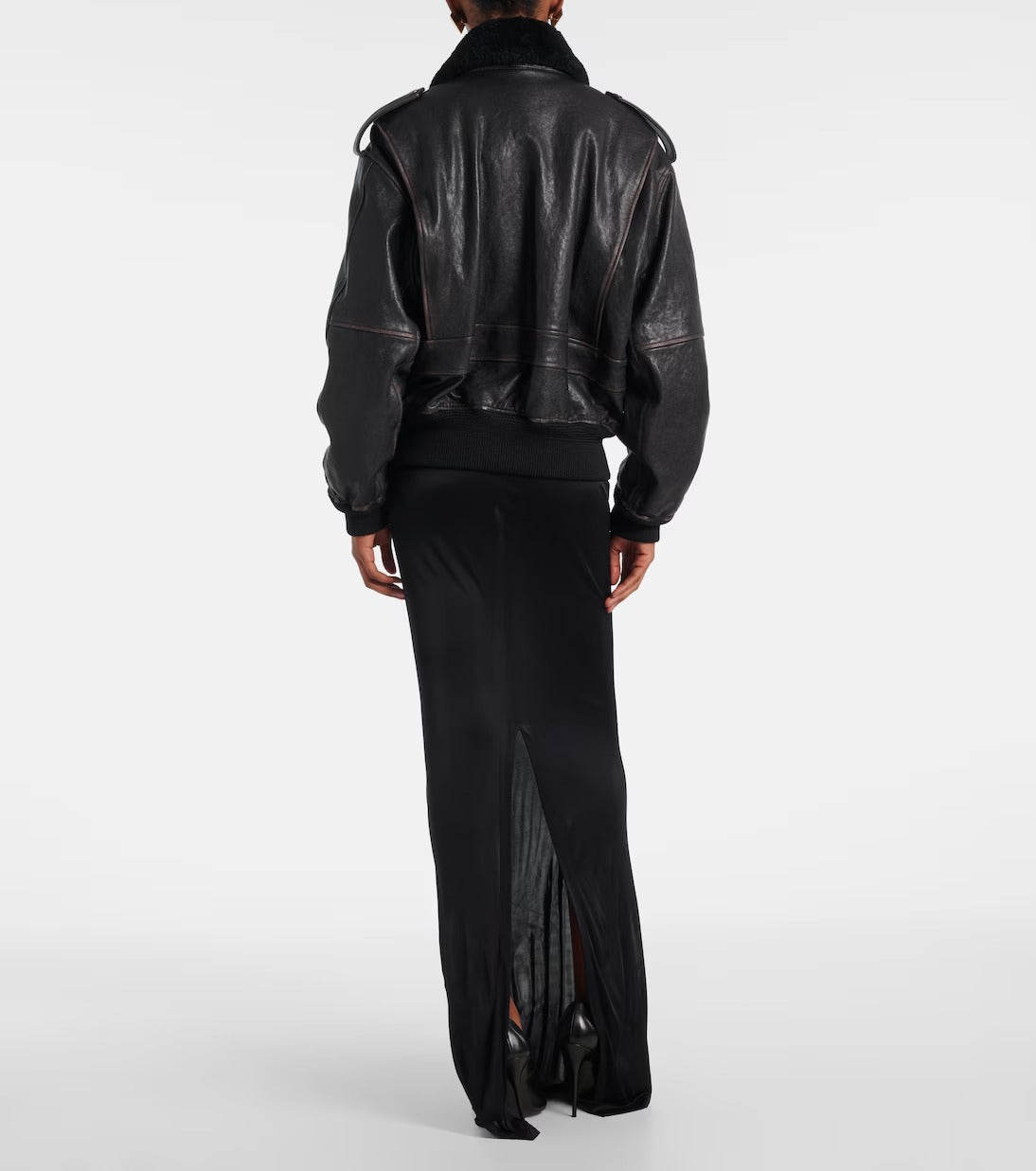 Women's Trimmed Black Aviator Bomber Leather Jacket