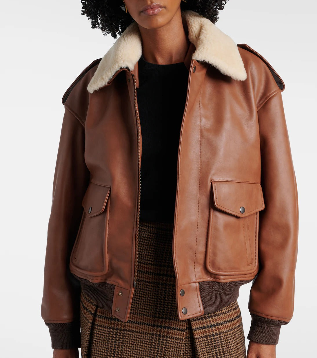 Women's Trimmed Brown Aviator Bomber Leather Jacket