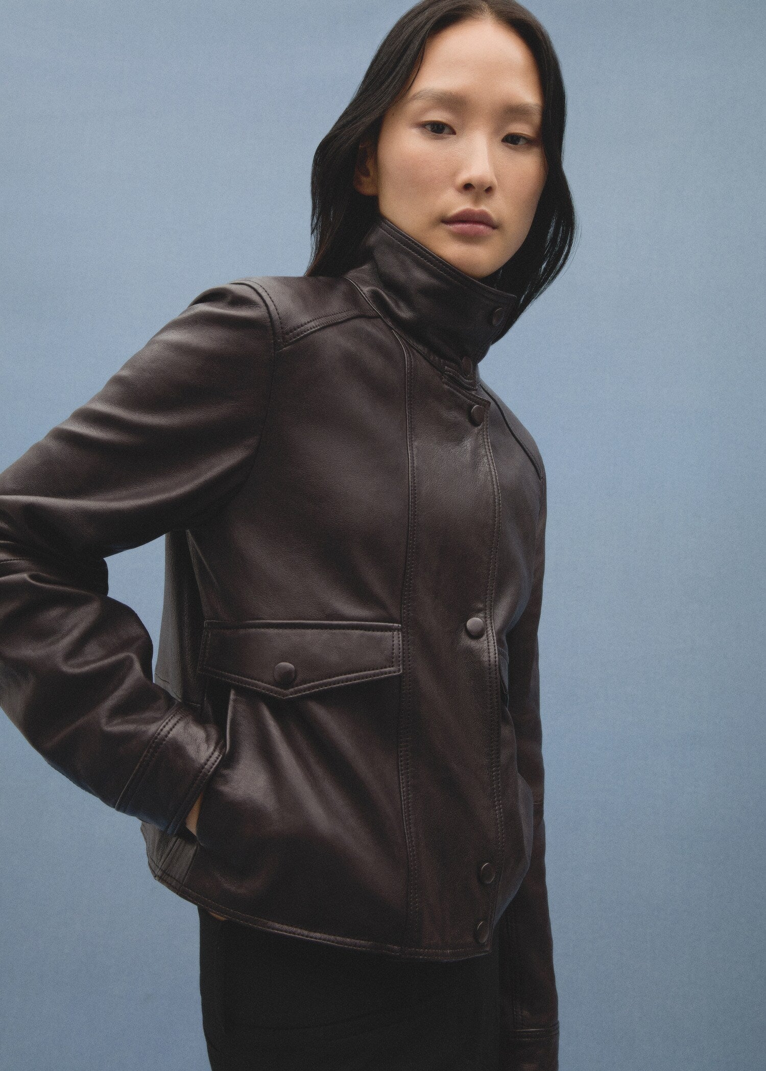 Women's Turtleneck Black Leather Jacket