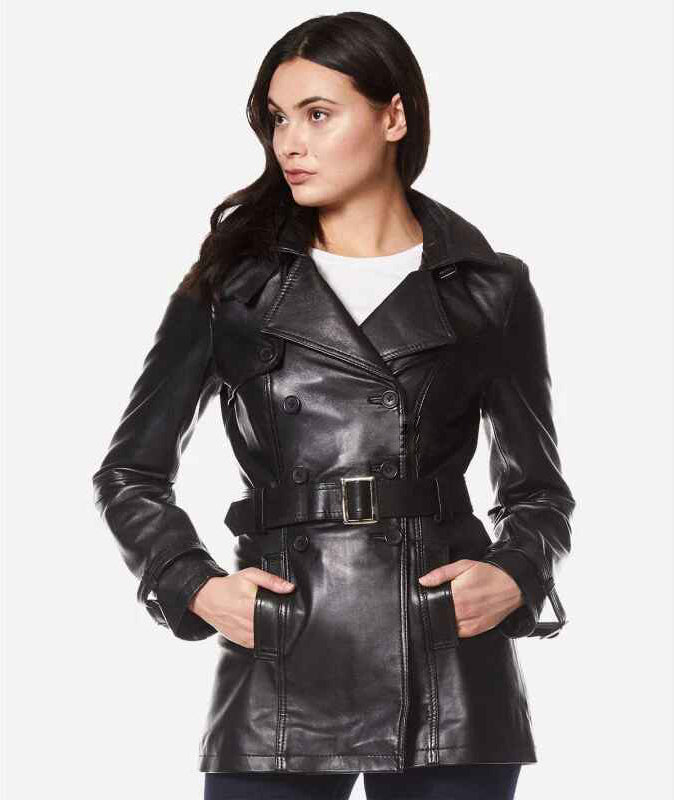 Women's VENICE Double Breasted Fitted Leather Short Trench Coat