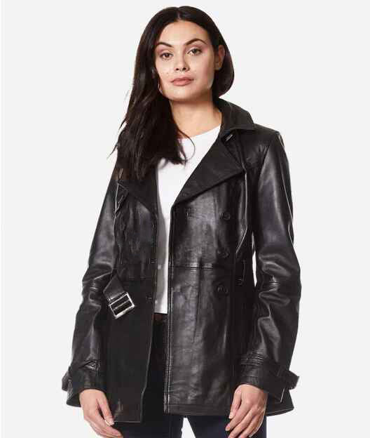 Women's VENICE Double Breasted Fitted Leather Short Trench Coat