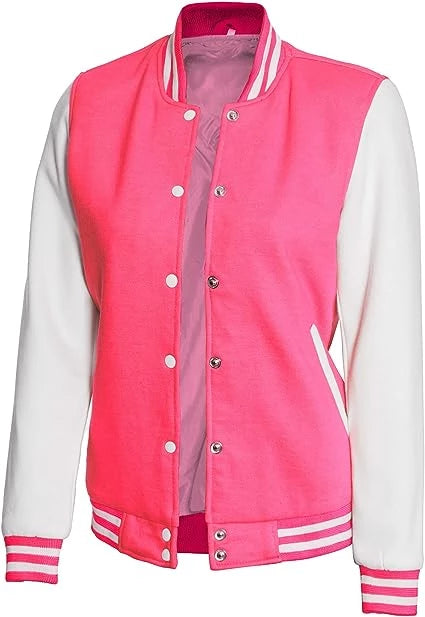Women's White and Pink Varsity Jacket - Baseball Bomber Style