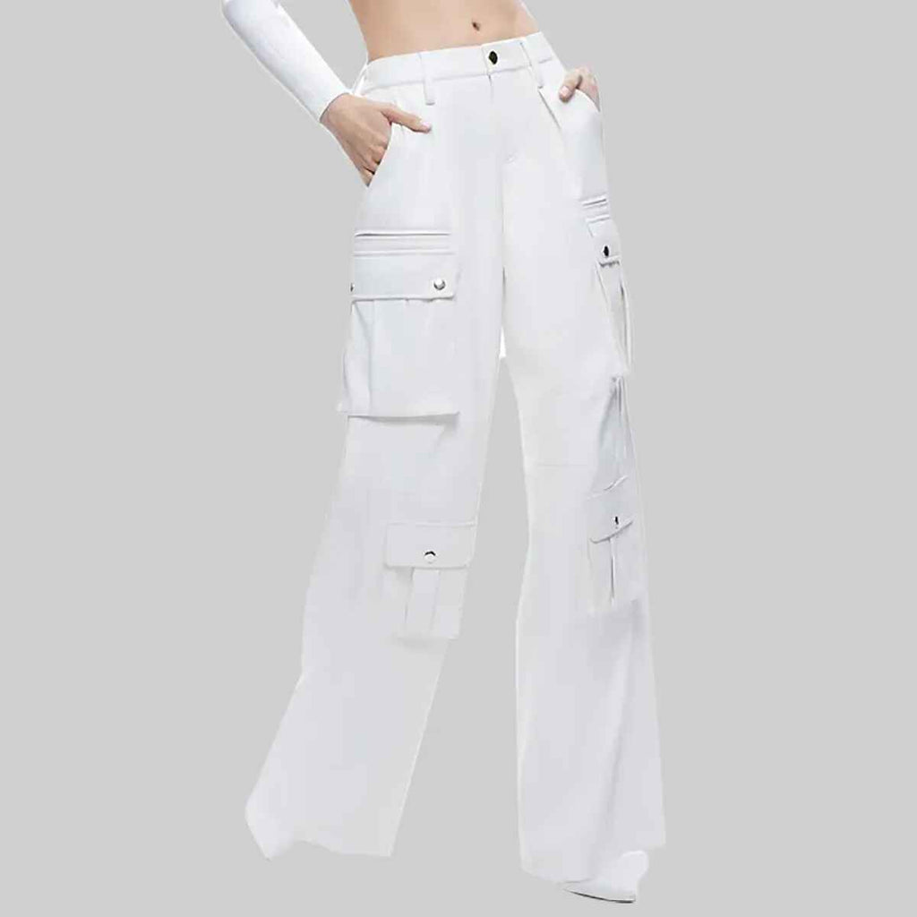 Women’s Wide Leg White Leather Cargo Pants