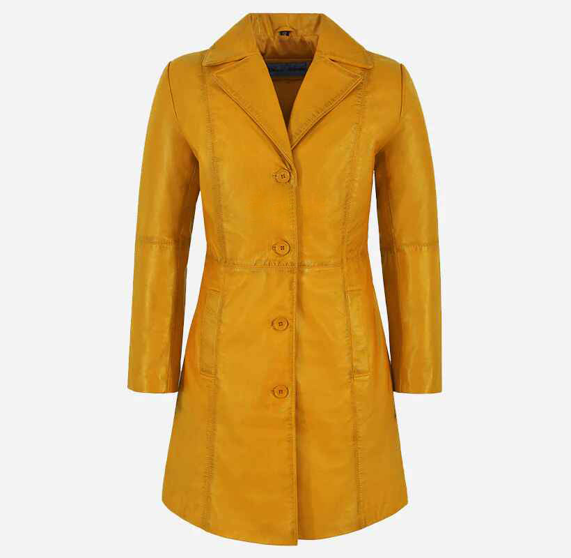 Women's Yellow ELEGANT Leather Short Trench Coat