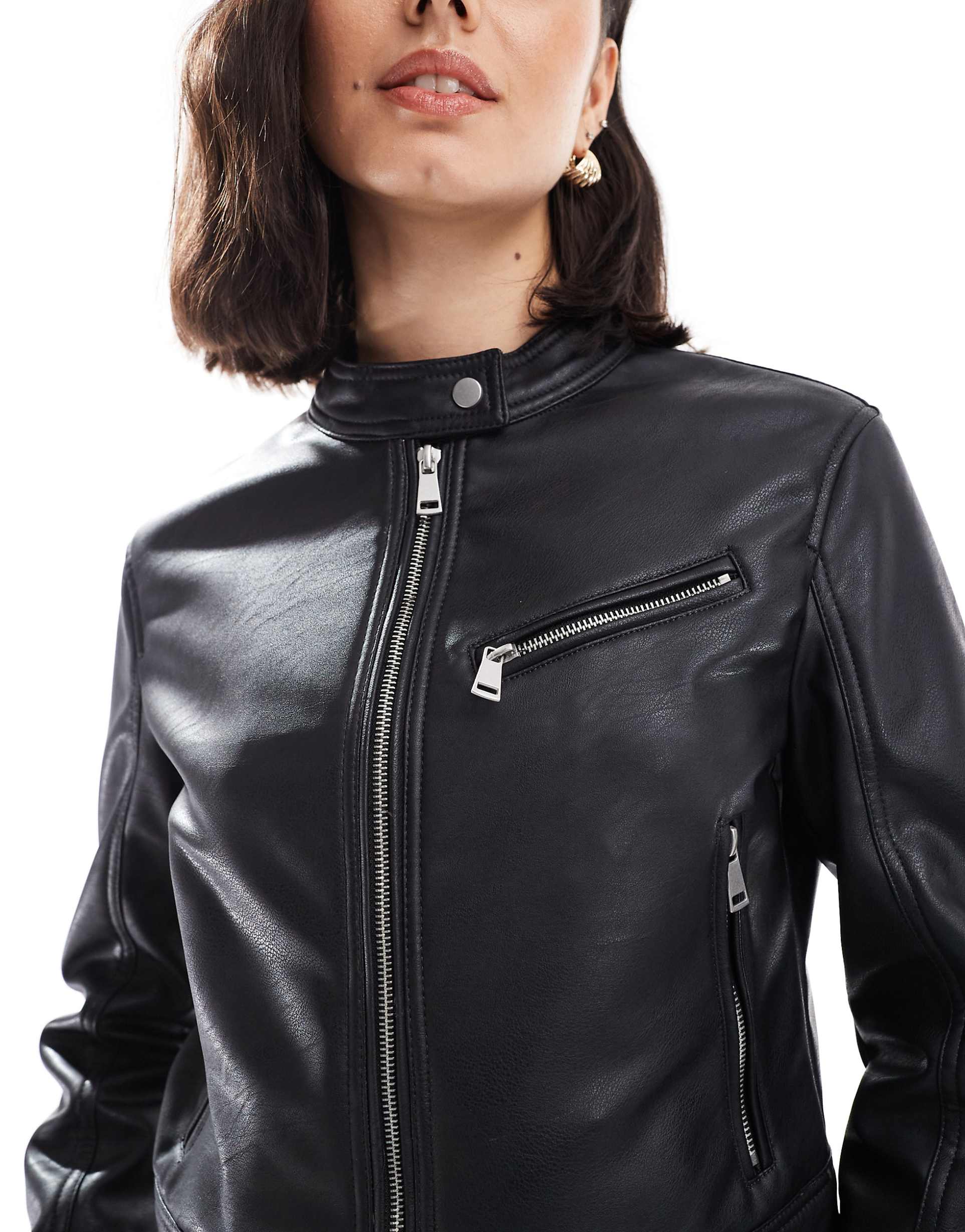 Women's Zipped Cuff Collar Leather Jacket
