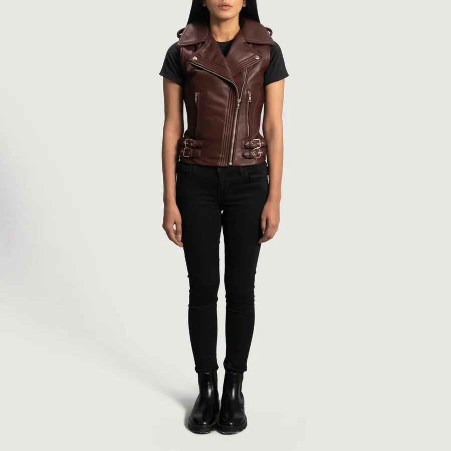 Women's Maroon Rhonda Biker Leather Jacket