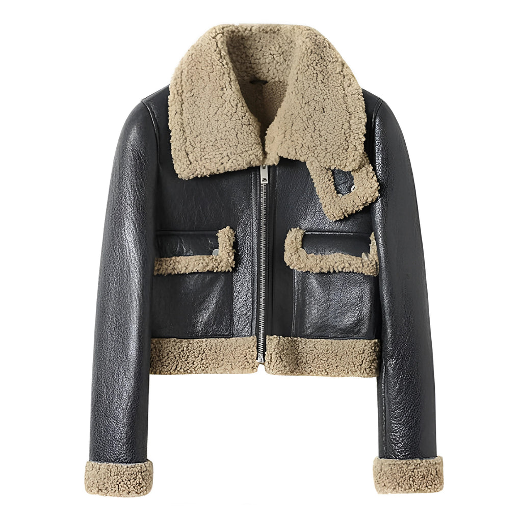 Women's Black B3 Collared Sheepskin Shearling Leather Jacket