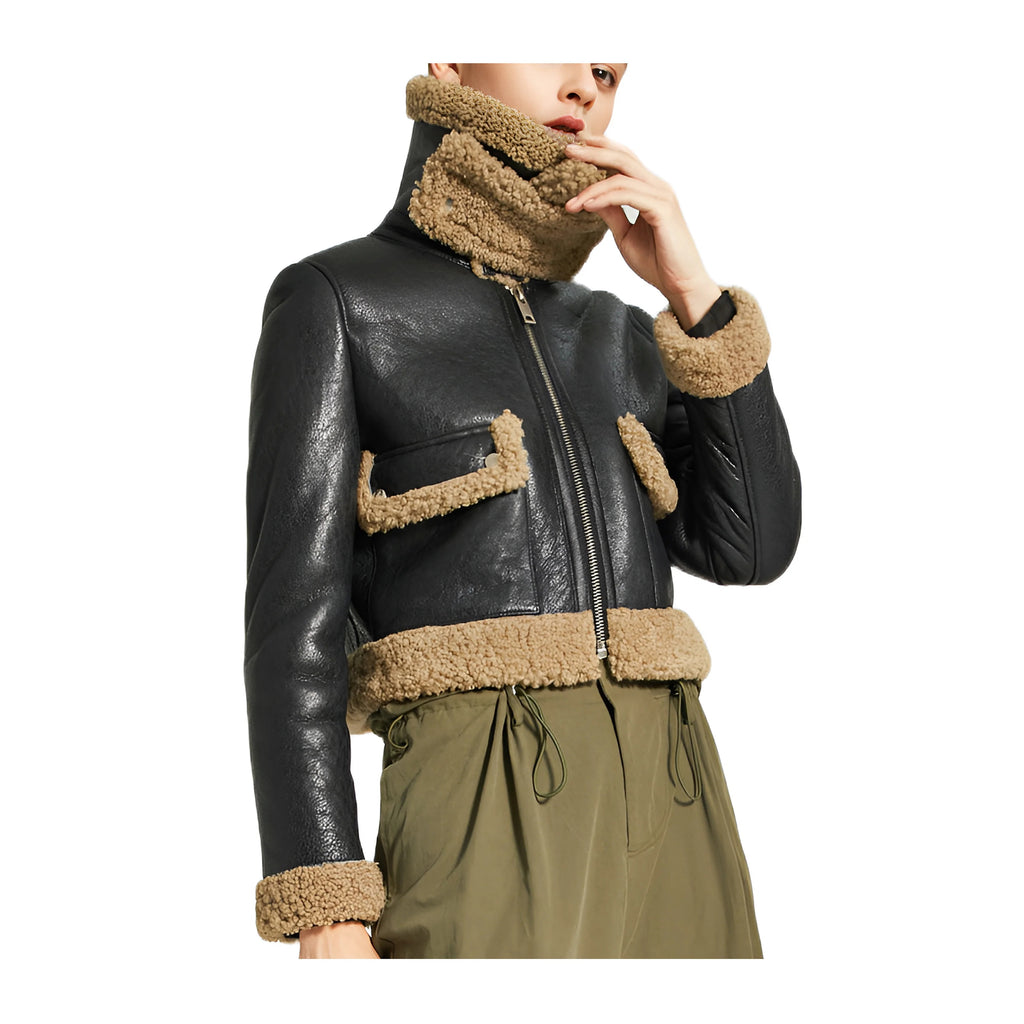 Women's Black B3 Collared Sheepskin Shearling Leather Jacket