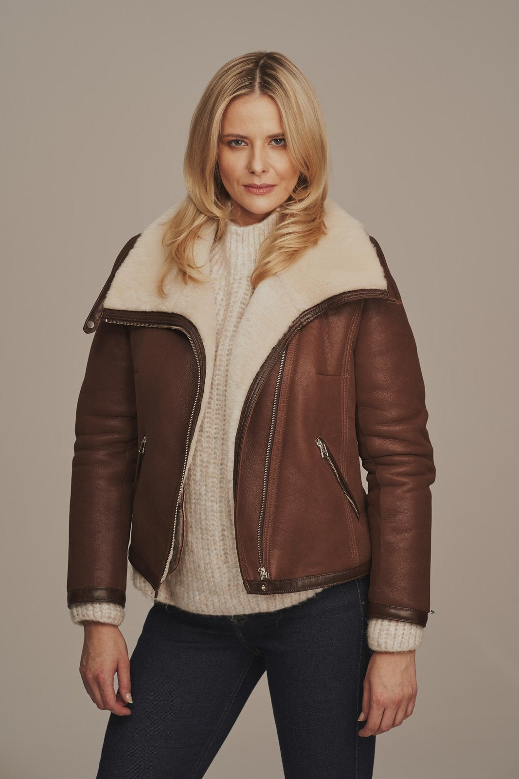 Women's Brown Leather Sheepskin Shearling jacket