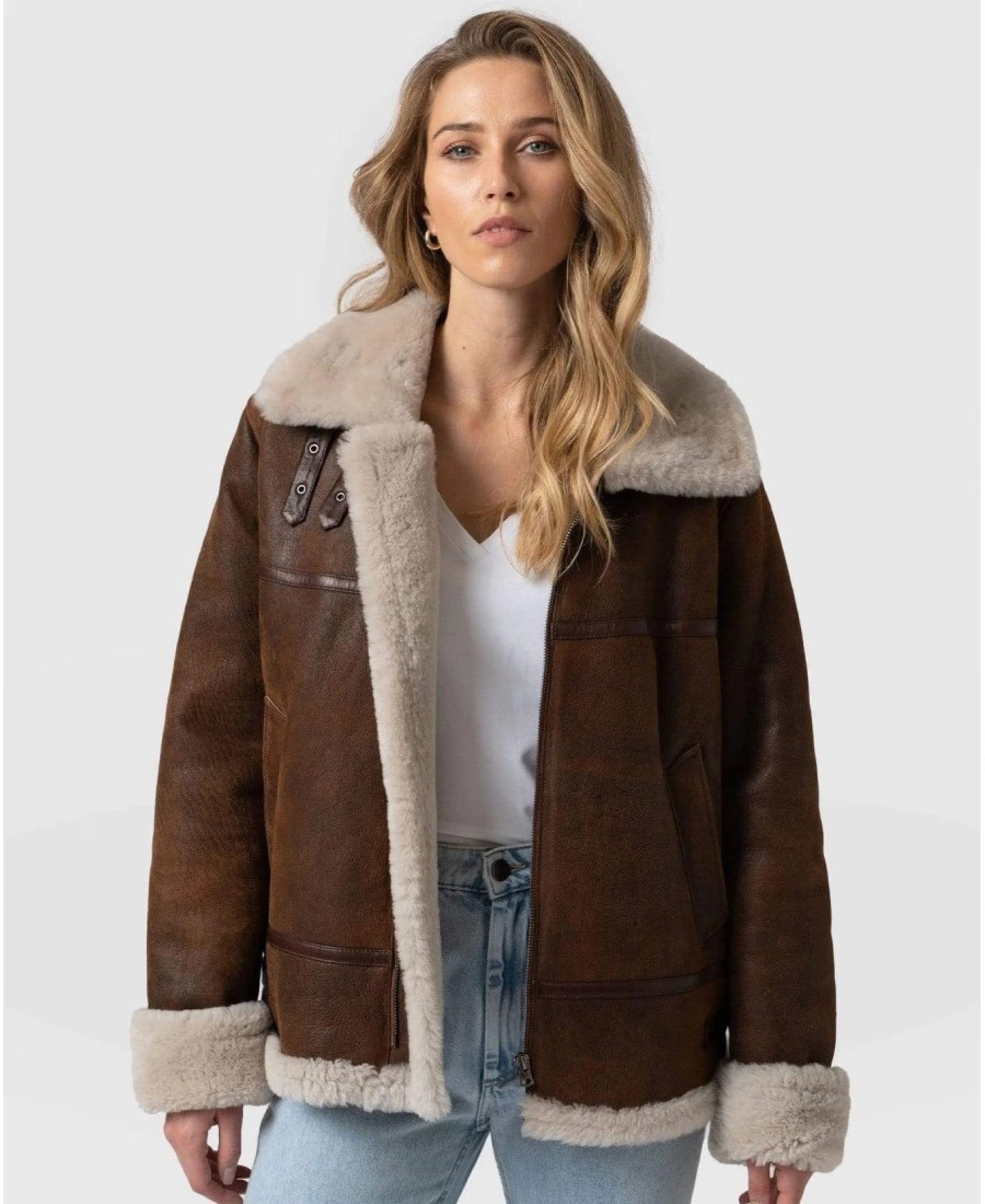 Women's Brown Sherpa Fur Shearling Jacket