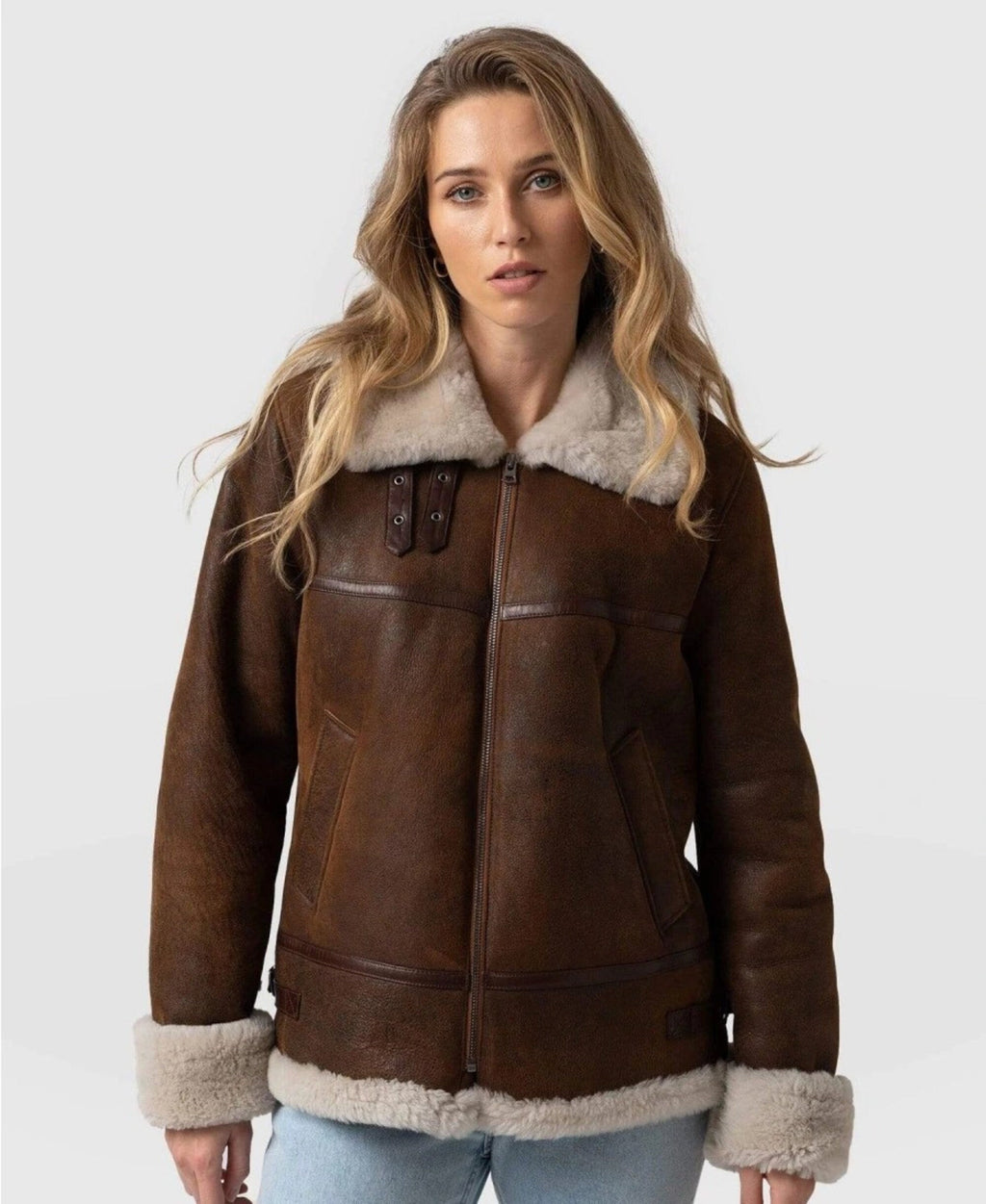Braune Sherpa-Pelz-Lammfelljacke für Damen