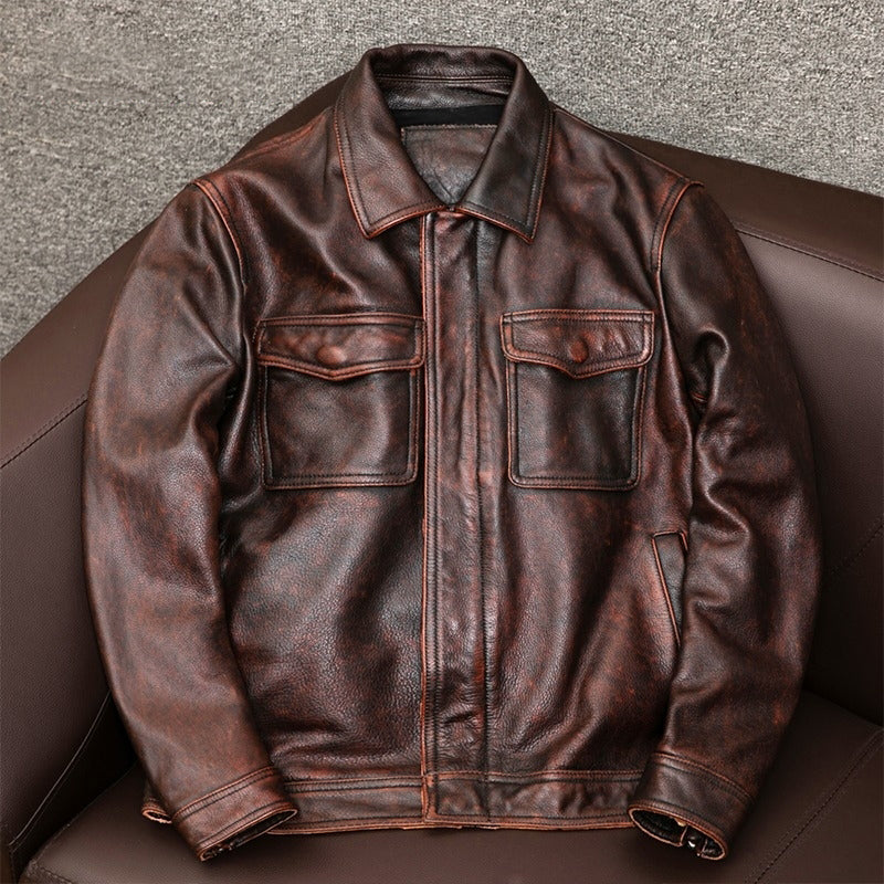 Men's Collar Trendy Leather Jacket - Brown