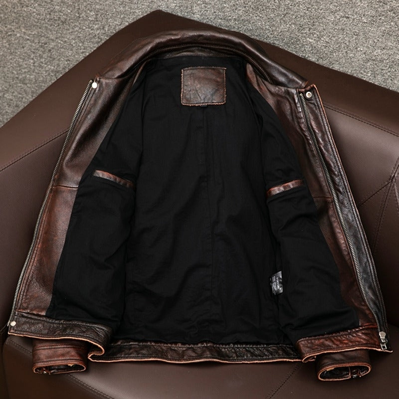 Men's Collar Trendy Leather Jacket - Brown