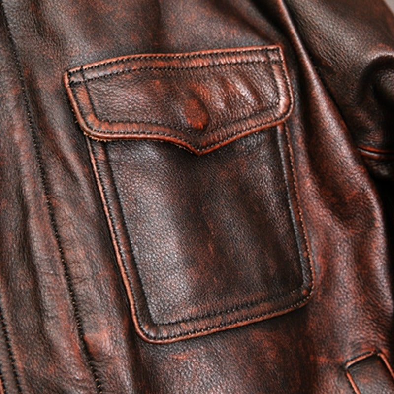 Men's Collar Trendy Leather Jacket - Brown
