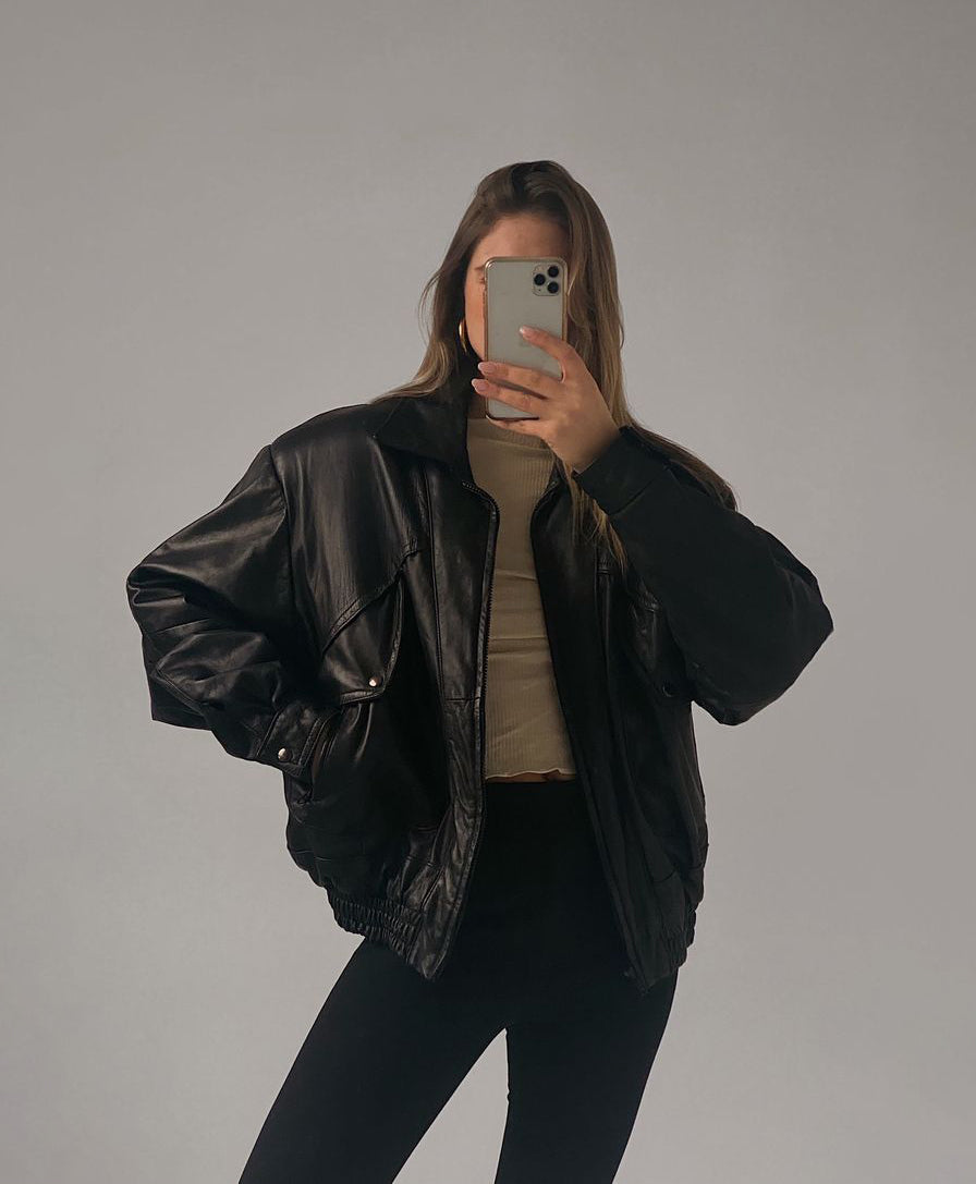 Women's Black Vintage Oversized Leather Jacket