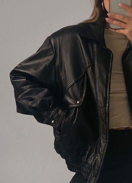 Women's Black Vintage Oversized Leather Jacket